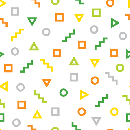 Geometric pattern consisting of different figures. Geometric figures - square, triangle, zig zag and circle. Colorful seamless background.のイラスト素材