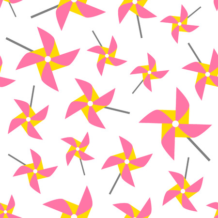 Pinwheel seamless pattern. Colorful paper toy windmills on white background. Vector illustration.のイラスト素材