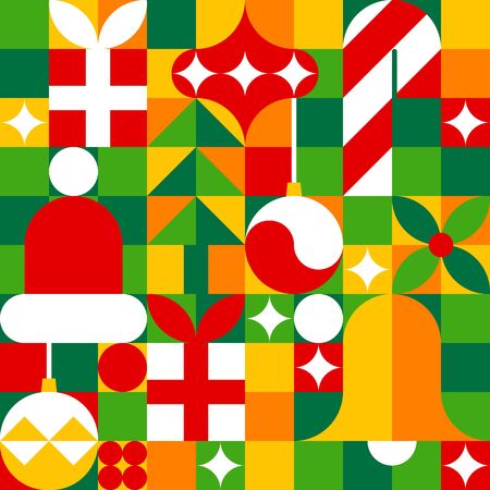Merry Christmas seamless pattern in modern geometric style. Santa hat, balls, bell, xmas tree and candy canes.のイラスト素材