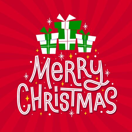 Merry Christmas greeting card with gift. Xmas vector illustration.のイラスト素材