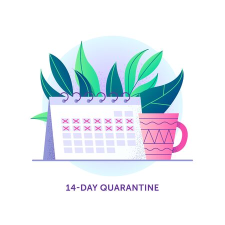 Coronavirus quarantine concept. Calendar with a crossed out 14-day period and cup. COVID-19 safety precautions.のイラスト素材