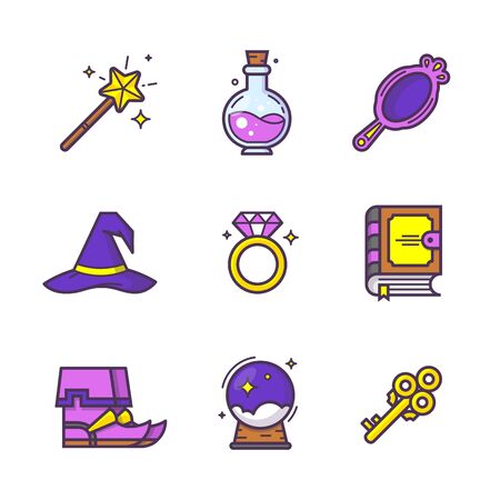 Magic items icons set. Wand, hat, potion bottle, ring, spell book, mirror, seven-league boots, ball, golden key. Vector illustrations in flat outline style.のイラスト素材