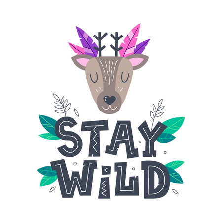 Stay Wild quote with deer head. Cute vector illustration in tribal style. Inspirational and motivational phrase.のイラスト素材