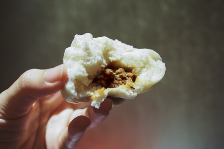 close up on a female hand holding a pork bunの写真素材