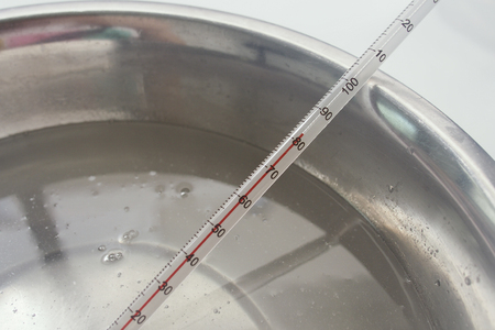 process of handmade soap, measuring lye solution temperatureの写真素材