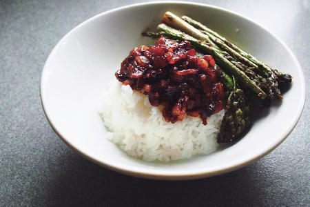 Taiwanese braised pork on rice and vegetableの写真素材