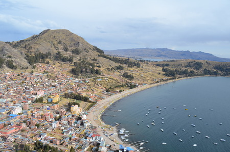 Mountain top view of Lake Titicaca, Copacabanaの写真素材