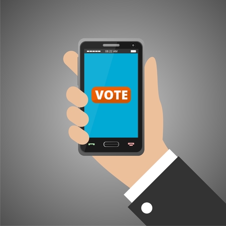 Hand holding smartphone with voting app on the screenのイラスト素材