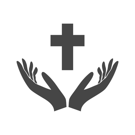 Illustration of two hands offering a christian cross, Hands holding crossのイラスト素材