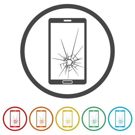 Mobile phone icons set with smashed screen - Illustrationのイラスト素材