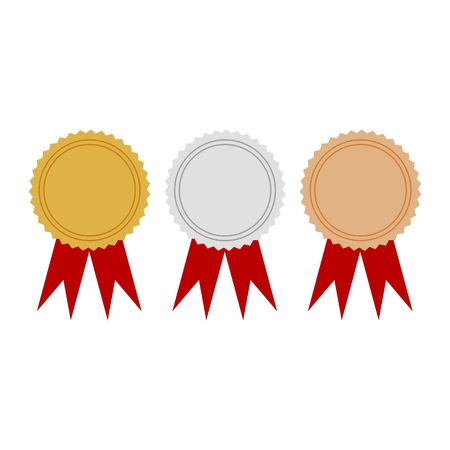 Shiny vector gold, silver and bronze medal set with red ribbonsのイラスト素材