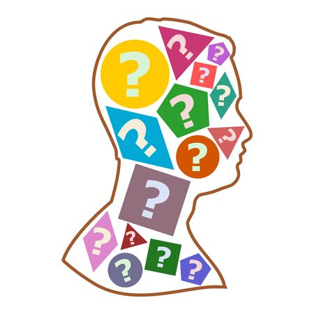 Silhouette of a male face with questions, Male head profile and question marksのイラスト素材