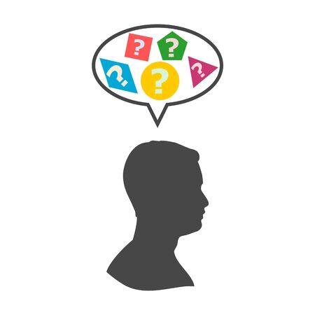 ask, blue, brain, color, concept, design, doubt, empty, green, head, human, idea, illustration, man, memory, problem, profile, question, riddle, science, silhouette, solution, tag, think, thinking, thought, vector, white, yellow, businessman, cartoon, character, choosing, clever, confused, corporate, creative, decision, drawing, face, flat, iconのイラスト素材