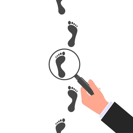 Following footsteps vector color illustration. Hand holding magnifying glass above footprint flat illustration. Detective inspectingのイラスト素材