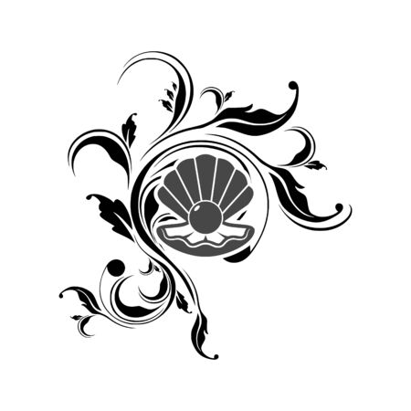 Sea Pearl in open shell, floral ornament illustrationのイラスト素材