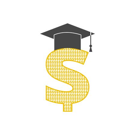 Dollar with graduate hat, Graduation hat on gold dollar signのイラスト素材
