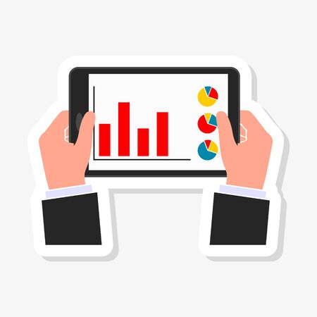 Businessman read financial analysis report with chart and graph, Hand holding tablet stickerのイラスト素材