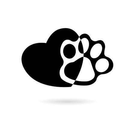 Black Silhouette of a paw print with a heart symbol icon or logoのイラスト素材