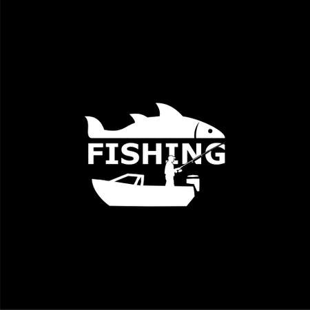 Fisherman in a boat sign, Fishing logo on dark backgroundのイラスト素材