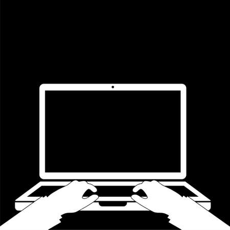 Laptop and hands on the keyboard icon or logo on dark backgroundのイラスト素材