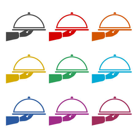 Waiter holds Food cover icon or logo, color setのイラスト素材