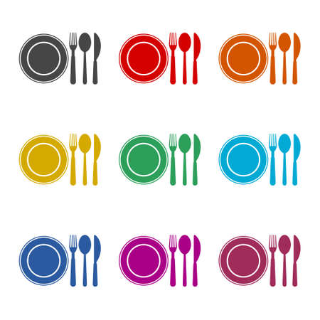 Plate with fork, knife and spoon icon  , color setのイラスト素材