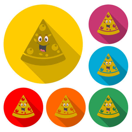 Pizza slice sign, Pizza slice cartoon mascot icon, color set with long shadowのイラスト素材