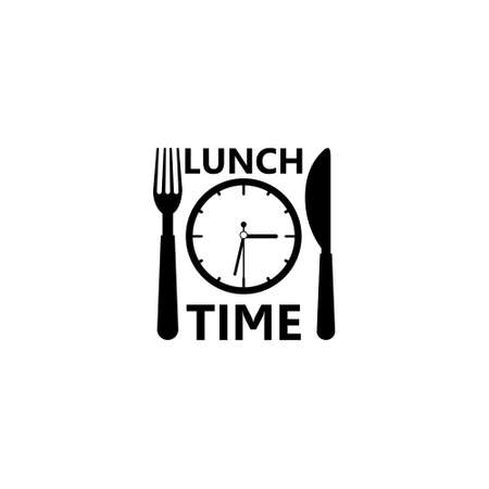 Time for lunch symbol, logo, Clock with fork spoon and knifeのイラスト素材