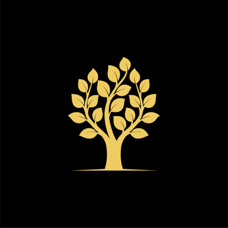 Gold tree plant logo, Gold Tree icon on dark backgroundのイラスト素材