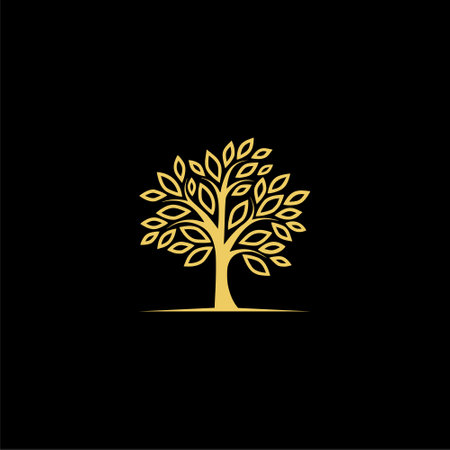 Gold tree plant logo, Gold Tree icon on dark backgroundのイラスト素材