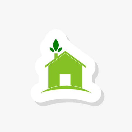 Green house flat sticker icon. Home with leaf. Eco house symbol,   illustrationのイラスト素材