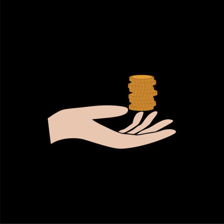 Hand holding coins. Offer coins icon isolated on black backgroundのイラスト素材