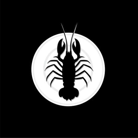 Icon of lobster on a plate. Top view. Restaurant dish. Seafood isolated on black backgroundのイラスト素材