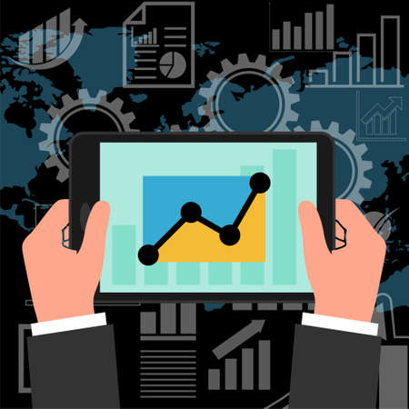 Businessman reading business graphs and stock charts on tabletのイラスト素材