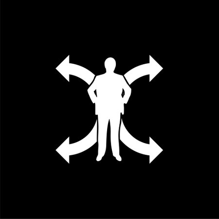 Confident businessman looking into crossroad arrows isolated on black backgroundのイラスト素材