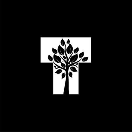 Letter T Monogram Leaf Icon isolated on black backgroundのイラスト素材
