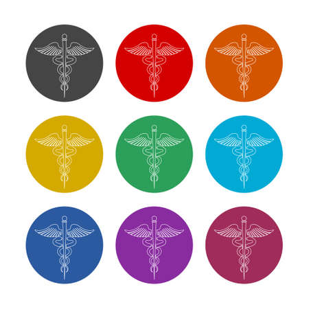 Medical caduceus sign silhouette color icon set isolated on white backgroundのイラスト素材