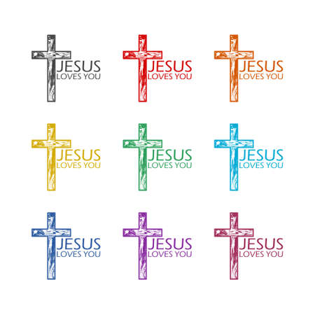 Cross and word Jesus loves you color icon set isolated on white backgroundのイラスト素材