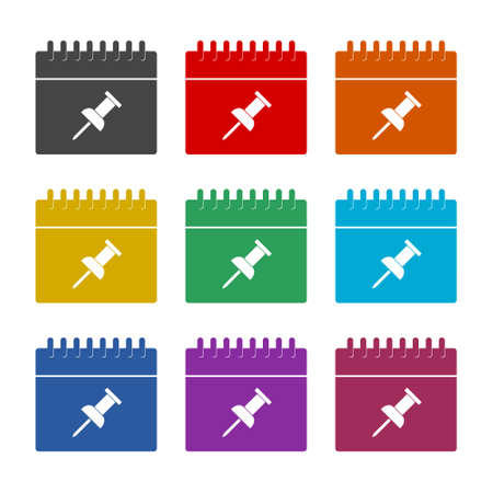 Calendar with Push Pin Button Color Icon Set isolated on white backgroundのイラスト素材