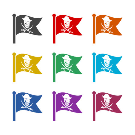 Pirate flag with skull color icon set isolated on white backgroundのイラスト素材