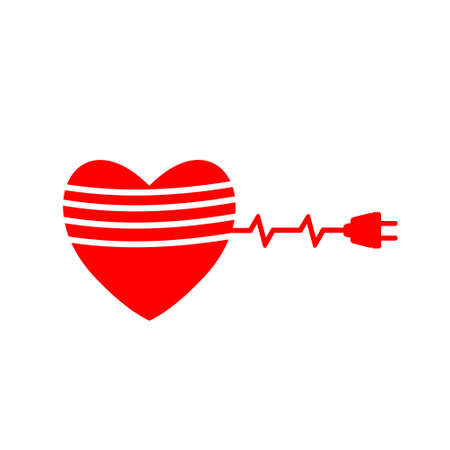 Red Heart with electric plug icon isolated on white background