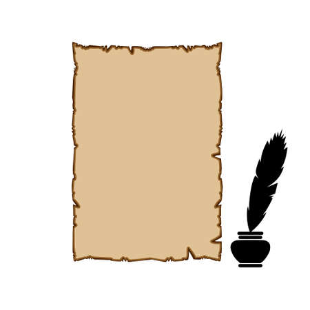 Old paper and feather in the inkwell. Illustration, isolated on white backgroundのイラスト素材