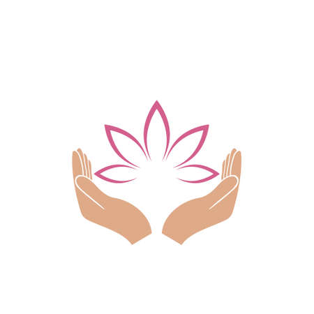 Hands holding a beautiful pink lotus flower for logo design isolated on white backgroundのイラスト素材