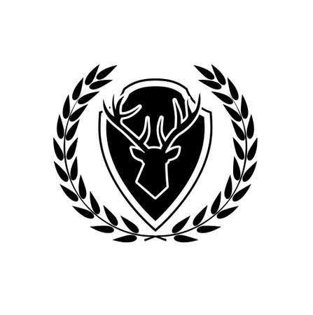 Deer head with antlers on shield icon isolated on white background. Hunting trophy on wall signのイラスト素材