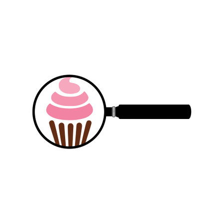Cake and magnifying symbol or icon isolated on white backgroundのイラスト素材