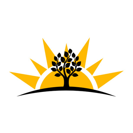 Tree silhouette icon with sun isolated on white backgroundのイラスト素材