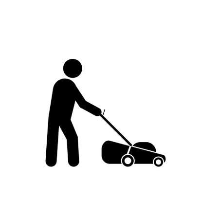 Man with lawn mower isolated on white background. Gardener with lawn mower signのイラスト素材