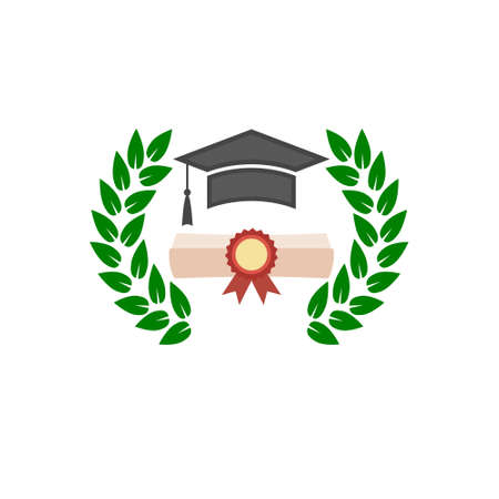 Graduate cap logo with laurel wreath isolated on white backgroundのイラスト素材