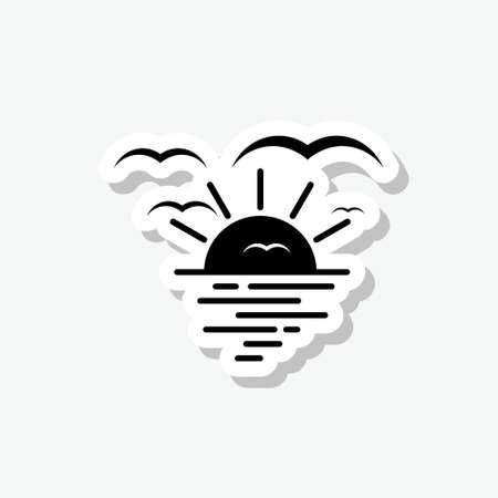 Sunset at sea and bird flying in sky sticker isolated on gray backgroundのイラスト素材