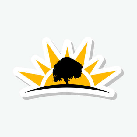 Tree with sunrise behind sticker logo icon isolated on gray backgroundのイラスト素材